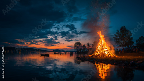 Midsummer bonfire burning by calm lake at sunset with dramatic sky reflection and Nordic summer celebration atmosphere
