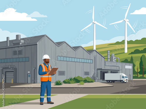 Photos A worker inspects a wind farm adjacent to an industrial building, showcasing renewable energy integration