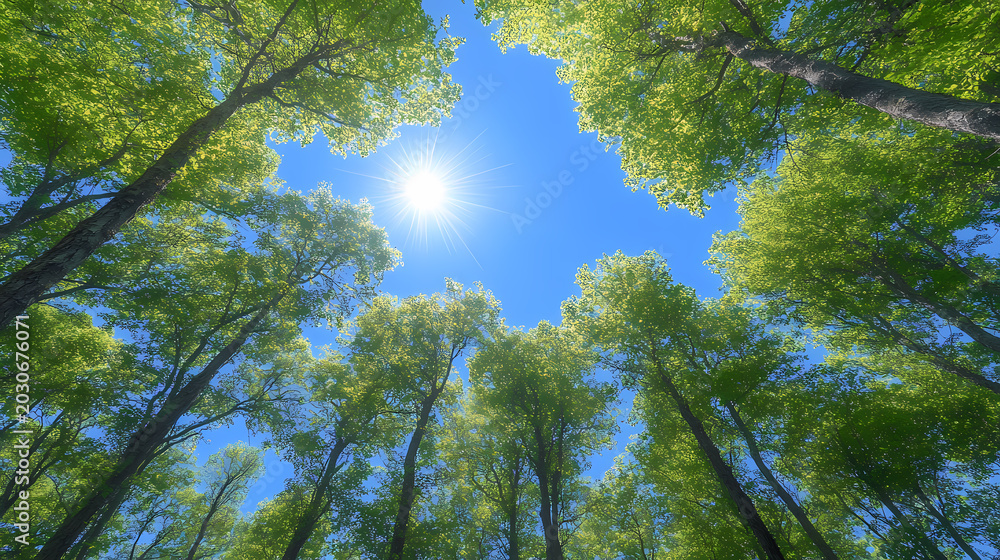 Fototapeta premium Sunlight Piercing Through Lush Forest Canopy
