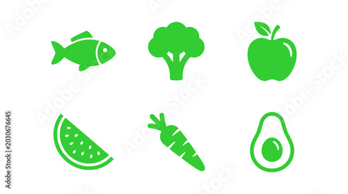 Cuadro en lienzo Healthy Food Icons Fish, Broccoli, Apple, Watermelon, Carrot, Avocado