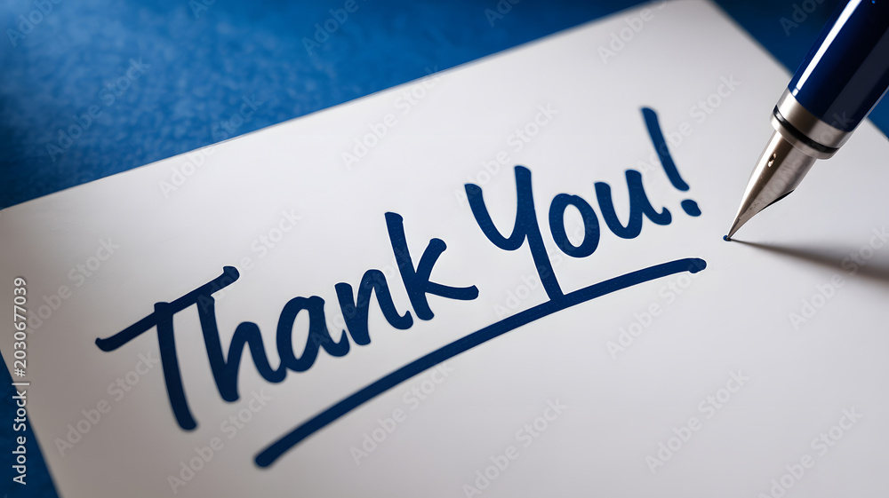 Obraz premium A handwritten thank you note with a pen on a white card
