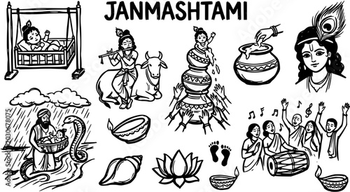 Bild auf Leinwand Black and White Line Art Janmashtami Festival Icons Set