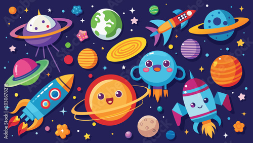Whimsical space adventure with cute planets and rockets, colorful cartoon solar system illustration, happy cosmic elements for kids' designs and educational content.