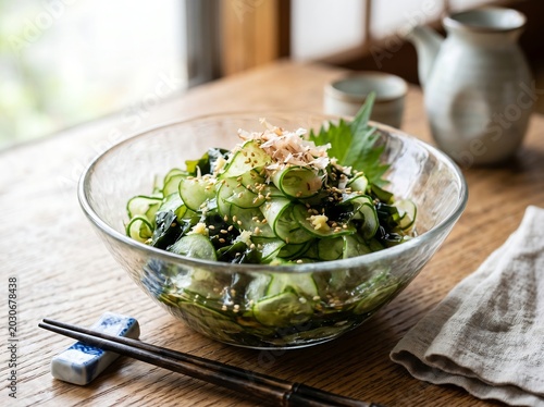 Japanese sunomono salad with cucumber and wakame seaweed