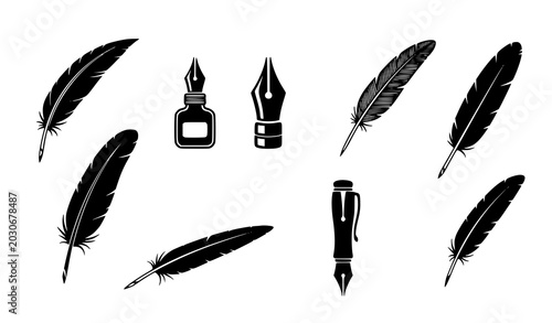 Принти на полотні Vintage Feather Pen and Ink Illustration Collection with Quill Writing Tool Vect