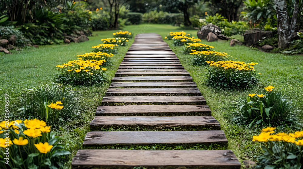 Fototapeta premium Serene Wooden Pathway Through a Lush Garden