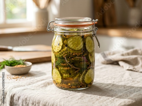 A glass jar filled with fresh bread-and-butter cucumber pickles