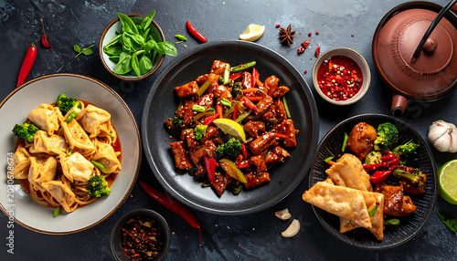 Assortment of asian dishes including dumplings, stir-fry meat with vegetables, and fried wontons
