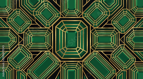 Geometric pattern featuring green and gold shapes on a black background