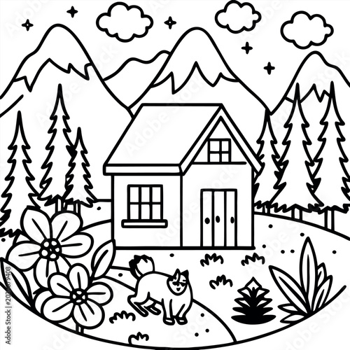 Full page coloring page nice scenery of a quiet  