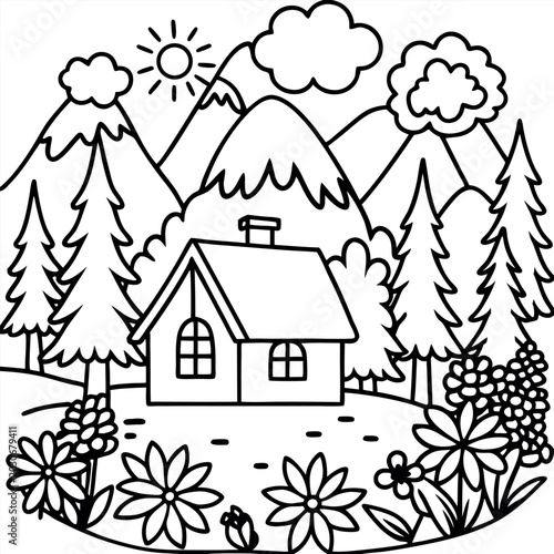 Full page coloring page nice scenery of a quiet  