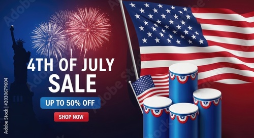 Independence day promotional banner with liberty statue fireworks and american flag.