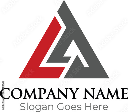 Modern triangular company logo design, red and dark gray interlocking shape, professional branding template with text for corporate identity