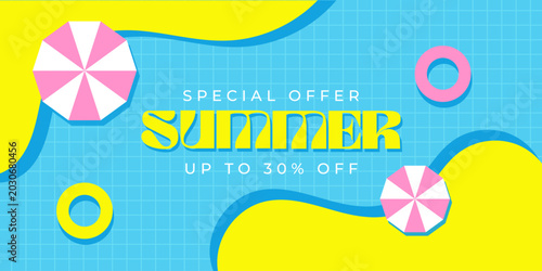 Bright summer sale promotion banner top view with pool floats, beach umbrellas, and yellow abstract waves on blue tile background
