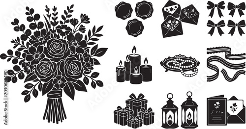 Wedding Bouquet and Decorative Elements Illustration Set