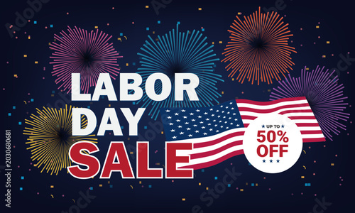 Fotografie Labor Day Sale Banner with USA Flag and Fireworks Vector Design