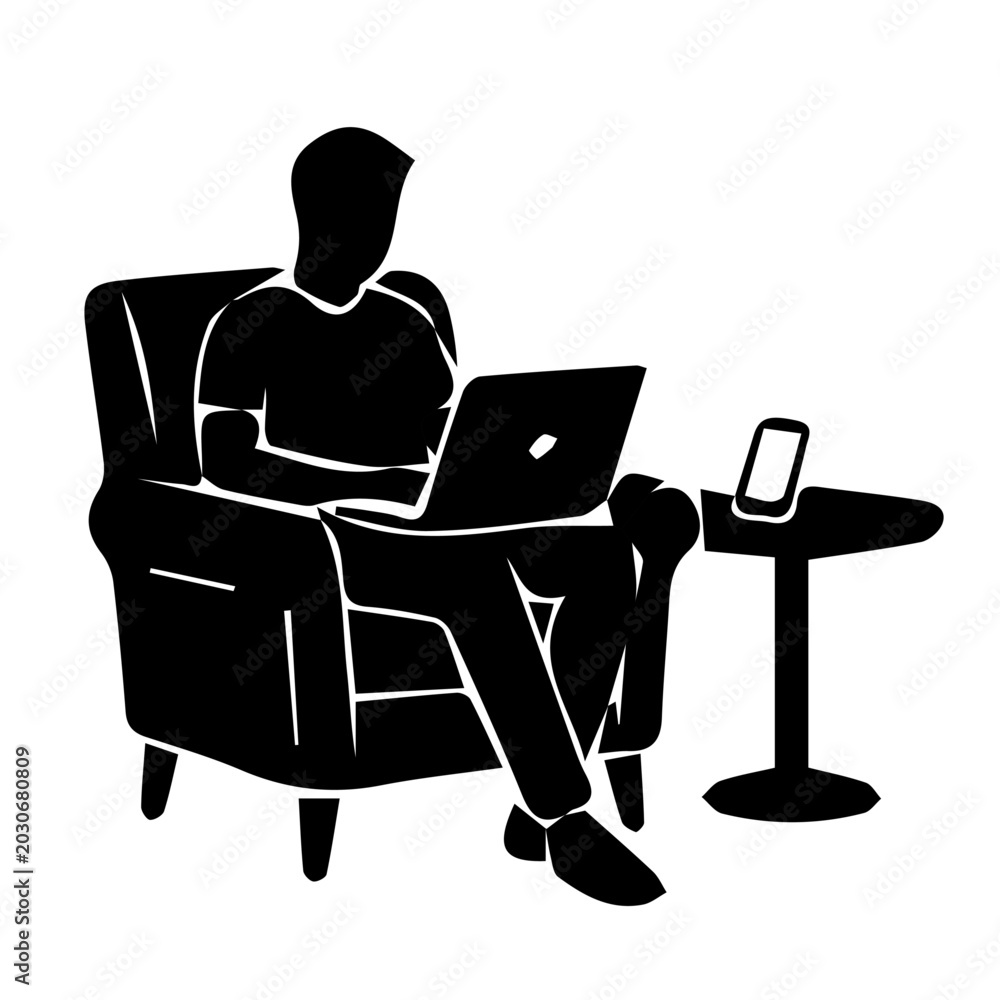 Fototapeta premium Remote Worker Using Laptop in Armchair Silhouette Illustration