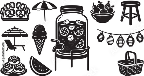 Summer picnic and BBQ illustration with food icons