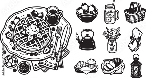 Breakfast Food and Drink Illustrations in Black White