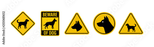 Bild auf Leinwand Beware of dog warning sign set yellow caution signs with black dog silhouettes