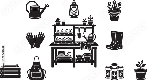 Gardening tools and equipment in black and white