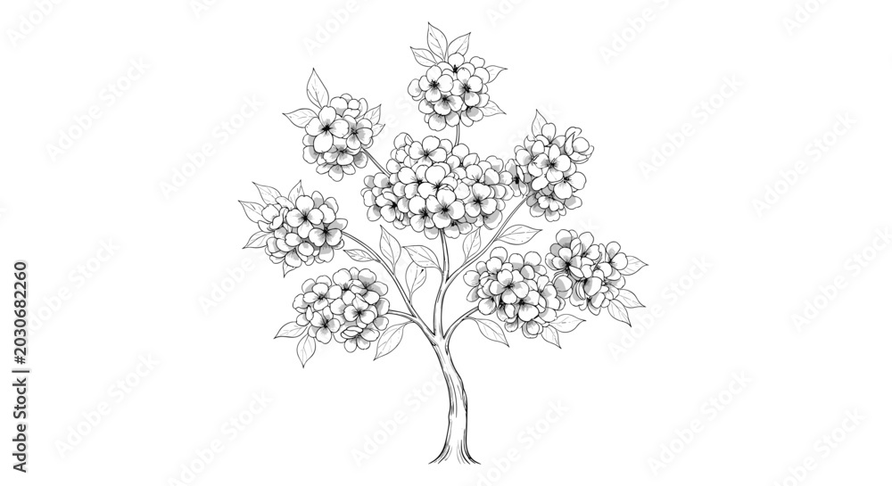 Fototapeta premium Detailed monochrome tree sketch with many clusters of flowers and leaves rendered in a classic hand-drawn artistic style on white.