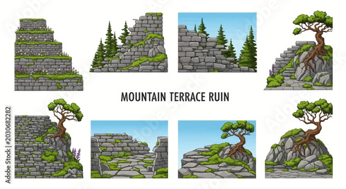 Photography A collection of eight digital illustrations depicting stone ruins mountain terra
