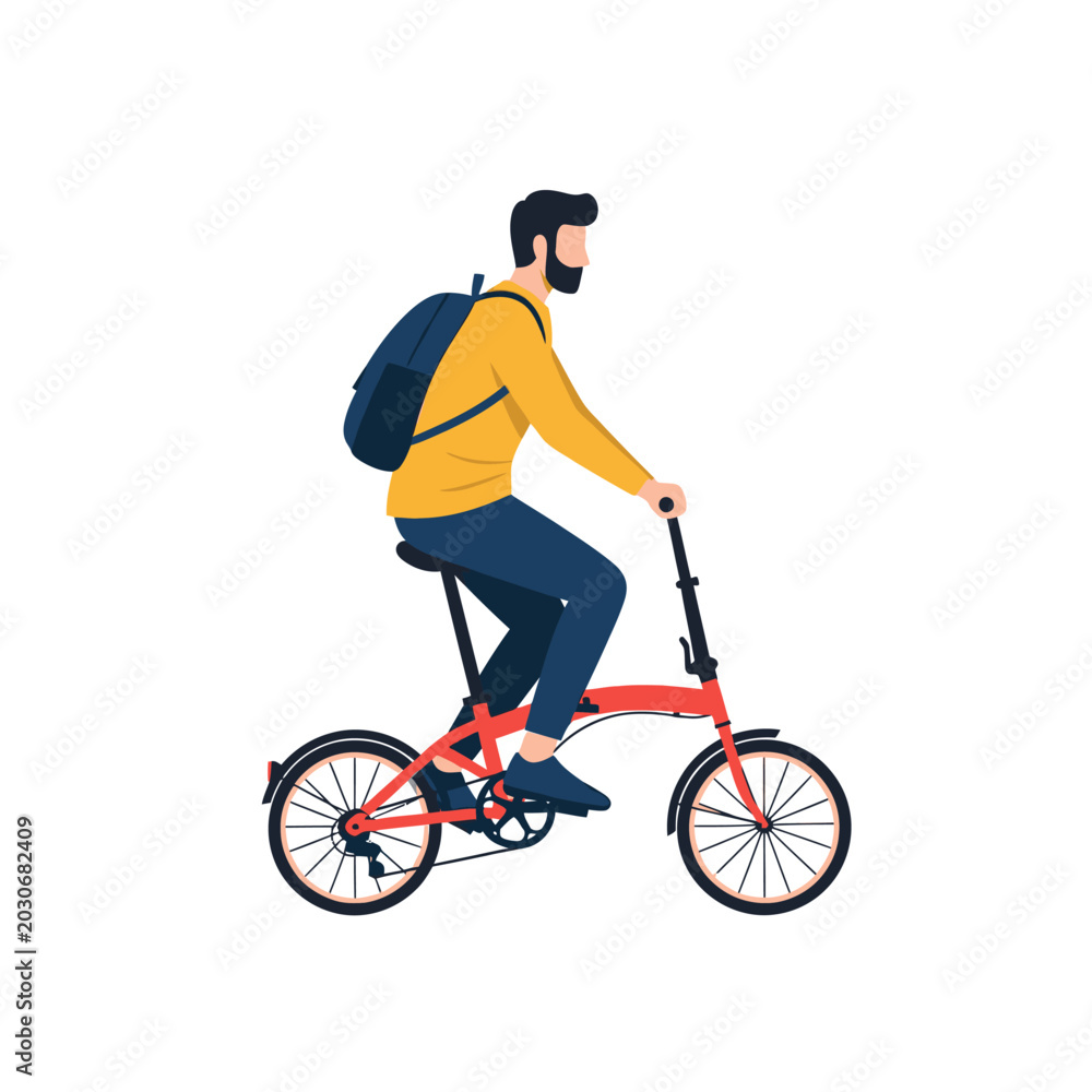 Naklejka premium Man with backpack riding a red folding bicycle