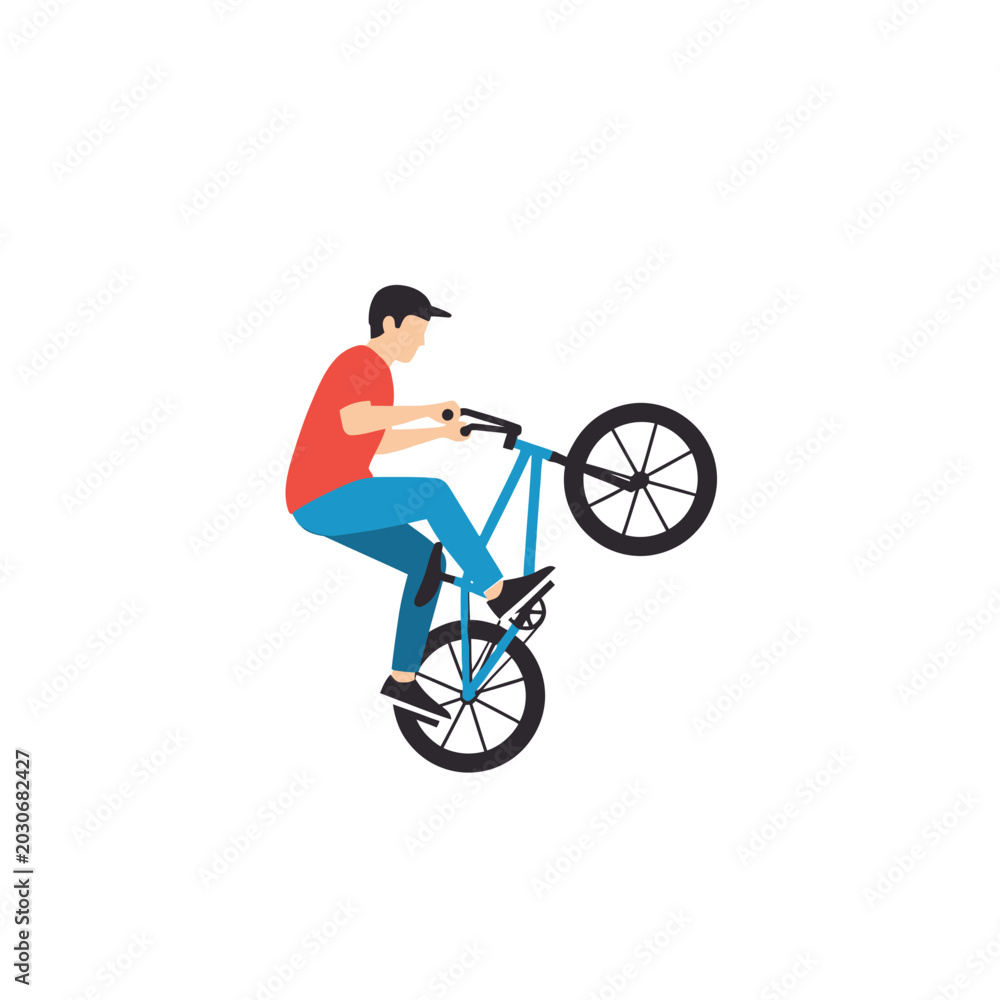 Obraz premium Biker performing a wheelie stunt on a blue bmx bicycle