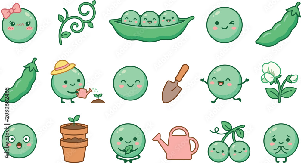 Fototapeta premium Cute Pea Gardening Character Collection with Kawaii Vegetable Mascots, Planting Tools, Flowers, and Happy Nature Cartoon Vector Illustrations