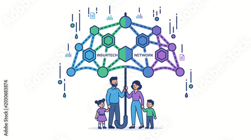 Abstract network umbrella protecting a family, symbolizing security, insurance, and interconnectedness