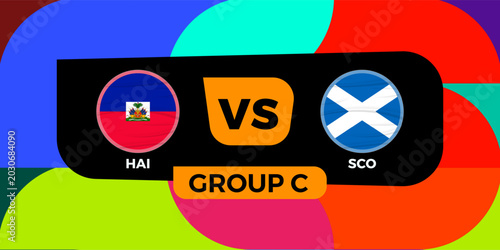 Haiti versus Scotland football match banner with national flags and colorful background.