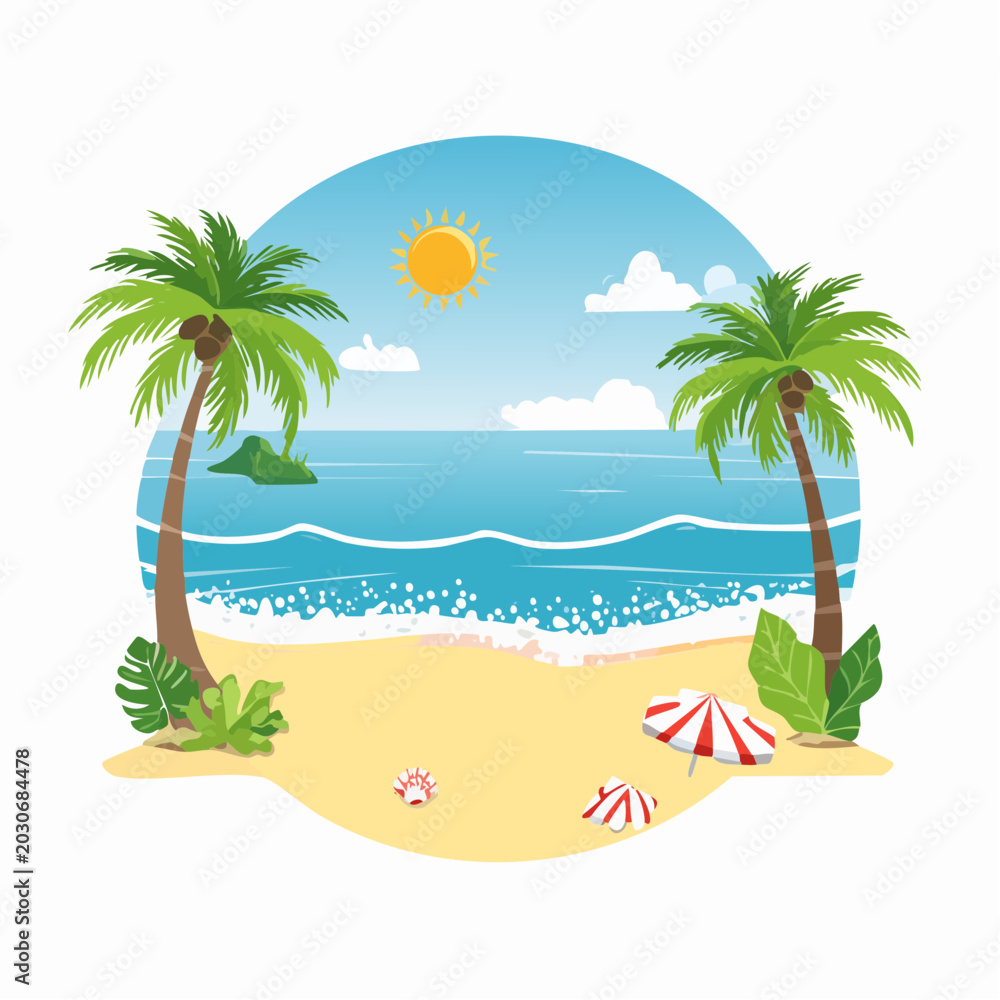 Obraz premium Summer beach vector illustration with ocean waves and tropical elements