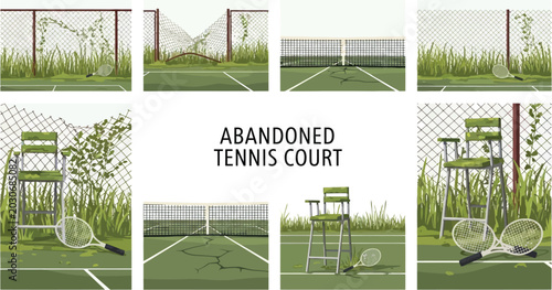 Tableau sur toile Collection of illustrations showing neglected tennis courts with cracked pavemen