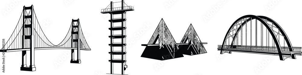 Obraz premium Architectural Landmark Sketch Icons Featuring Suspension Bridge Observation Tower Pyramids and Arch Bridge Vector Illustrations