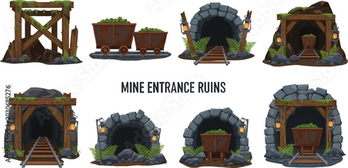 Photos Eight illustrations of rustic mine entrances and rail carts featuring wooden bea