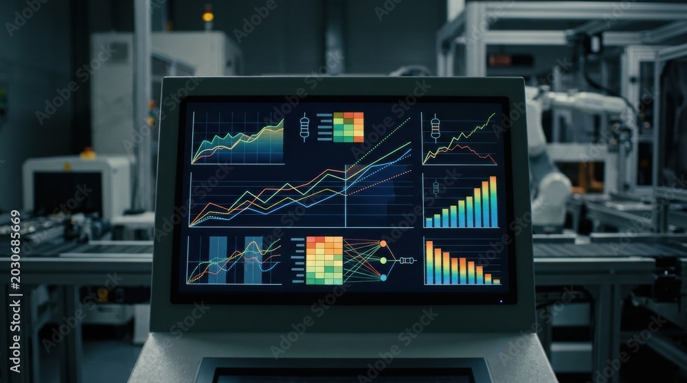 Naklejka premium Medium shot of an AIpowered dashboard displaying resistor line performance with realtime yield charts and trend graphs for predictive quality management.