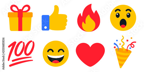 Social media reaction icon set illustration with gift, like, fire, wow emoji, 100 score, smiley, heart and party popper for sticker, stream, chat and app design