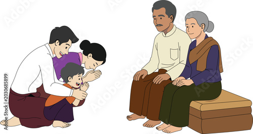 Cuadro en lienzo Myanmar Family Paying Respect to Grandparents Illustration, Burmese Traditional