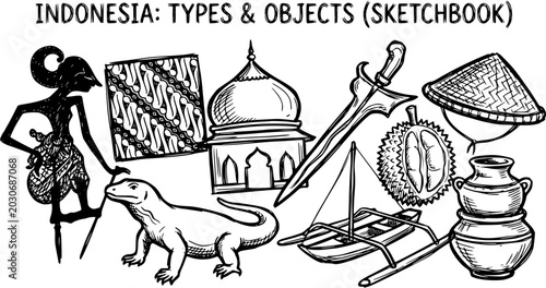 Photos Indonesia Sketchbook: Traditional Culture Objects - Batik, Kris, Wayang, Durian,