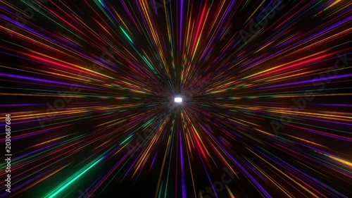 Multicolor laser streaks blast forward through a dark sci-fi warp tunnel in a hyper-fast 3D animation loop bursting with vibrant neon glows
