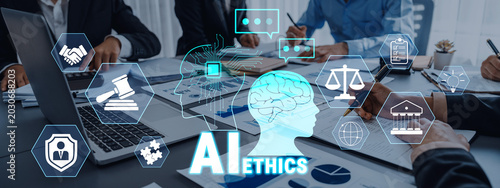 Obraz na płótnie Business Meeting Focused on AI Ethics with Digital Icons Representing Law, Technology, and Society in a Modern Office Setting Quark