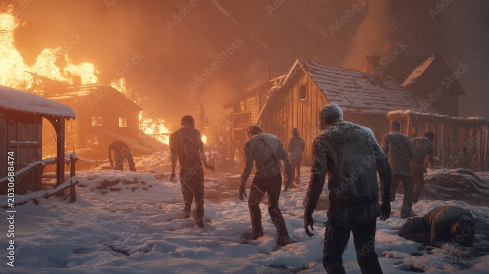 Fototapeta premium Individuals Walking Away from Burning Village During Disaster with Fire and Smoke in Snowy Environment at Night