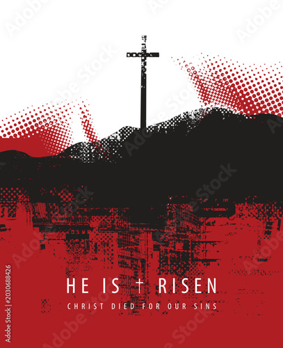 Photography Vector easter banner or icon on Christian theme with cross on the hill Calvary on sundown on scratched background in grunge style