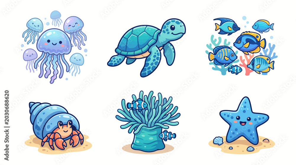 Fototapeta premium A vibrant underwater scene with a smiling jellyfish, turtle, fish, crab, coral, and starfish.