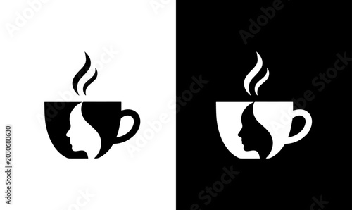 Valokuva Creative coffee cup with woman face negative space logo vector template