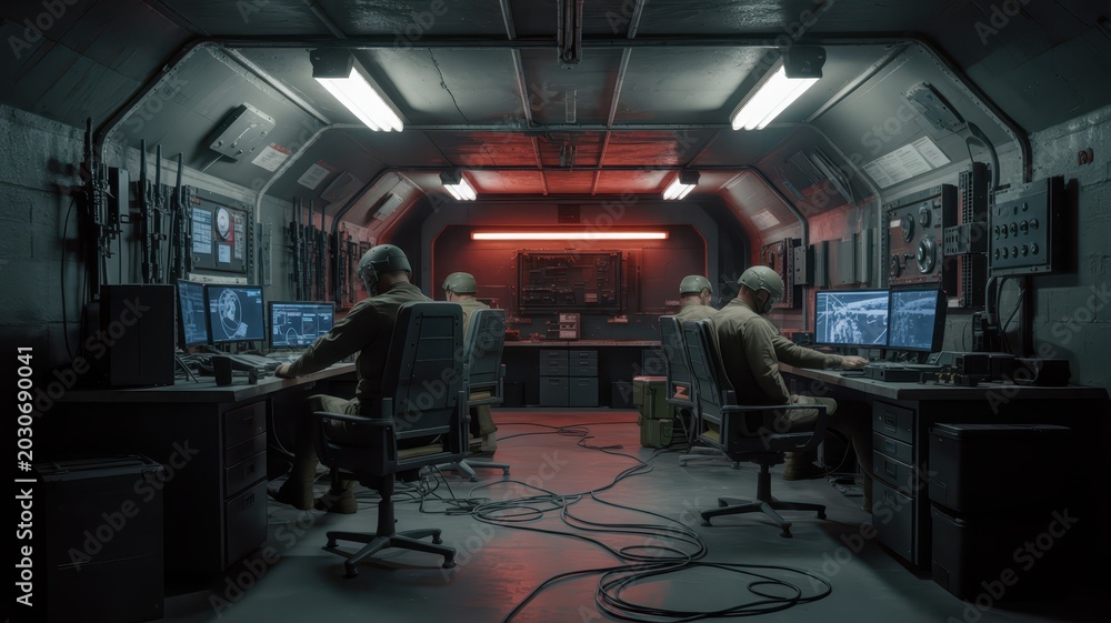 Fototapeta premium Futuristic control room with multiple operators working at computer monitors in a high-tech environment, sci-fi interior with modern equipment