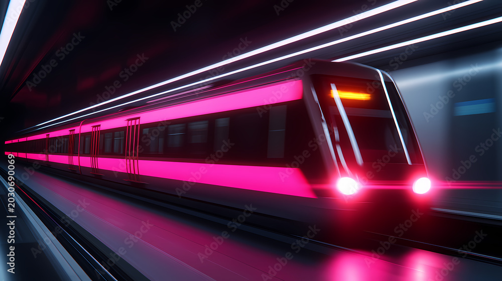 Fototapeta premium Futuristic Pink Train in a Neon Tunnel