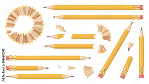 A collection of yellow pencils and pencil shavings on a white background