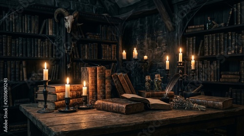 Spooky halloween background antique books candles and skull in dark library